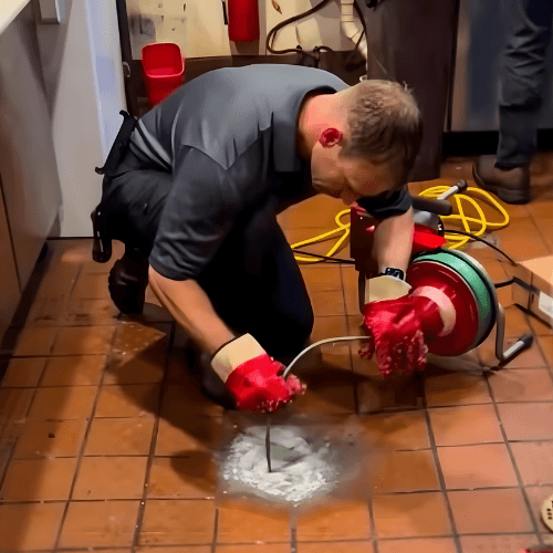Plumber performing professional drain cleaning using a drain snake to clear a clogged pipe in a commercial kitchen in Lafayette LA.