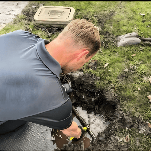 Plumber repairing a broken pipe in a yard to fix a leak and restore residential plumbing system in South Louisiana.
