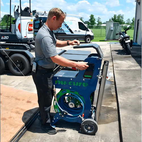 Plumber operating NuFlow pipe lining equipment for trenchless pipe repair without digging in Lafayette Louisiana